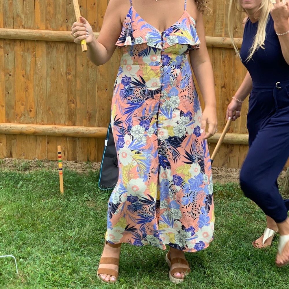 Sanctuary Tropical Print Button-Up Maxi Dress w/ Ruffle Details